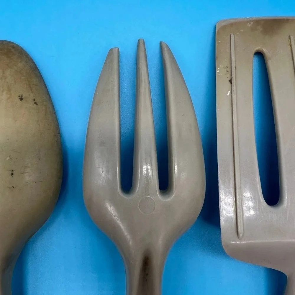 Vintage Norplac Nylon Kitchen Utensils White Blue Flowers DuPont Set of 3 Retro
